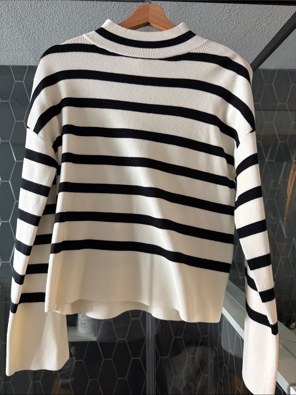 Evereve Black and Cream Striped Crewneck Sweater